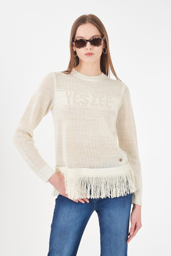 MAGLIA DONNA TRAFORATA CON FRANGE, GIROCOLLO
