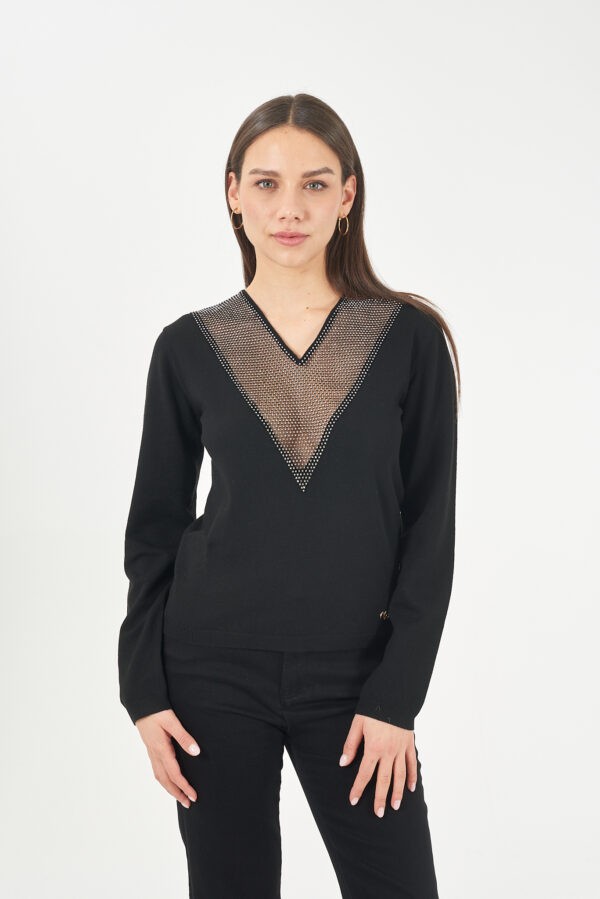 MAGLIA DONNA CON INSERTO MESH CON STRASS